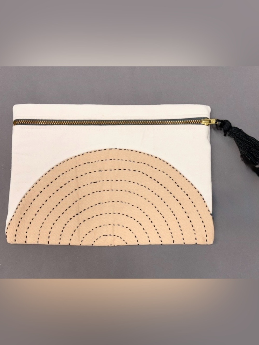 Anchal Project Eclipse Pouch Sand Canvas NWT Boho Clutch Embroidered Signature